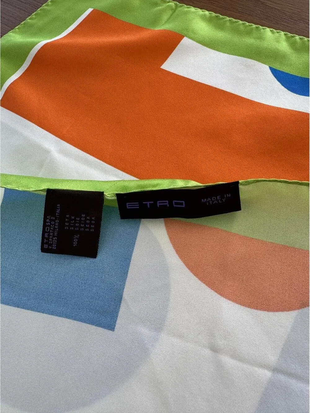 ETRO Silk Square Scarf Geometric Print Green Blue Orange White 2015 Milan-Italia